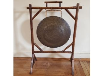 Antique Brass Hand Hammered Gong On Bamboo Stand