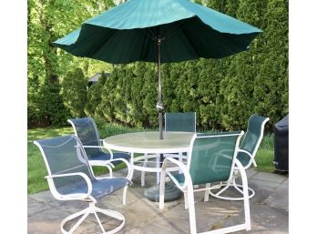 Outdoor White Aluminum Round Glass Table, Five Chairs And Umbrella Patio Set
