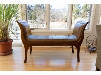 Vintage Sleigh Bench With Leatherette Upholstery And Nailhead Trim