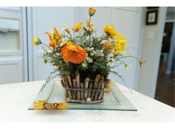 Faux Silk Flower Arrangement In Twig Basket And Glass Plate W Flower Motif