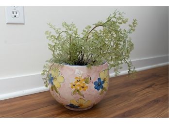 Hand Painted Ceramic Planter W Floral Motif & Faux Plant