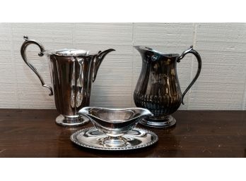 Silver Plate Pitchers And Gravy Boat W Attached Under Plate