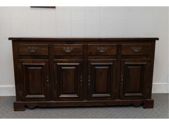 Vintage Dark Toned Wooden Buffet W Dovetail Jointed Drawers & Brass Tone Metal Hardware