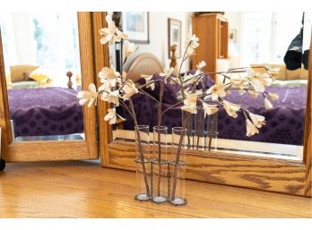 Trio Of Glass Bud Vases W Twist Metal Holder And Silk Flowers