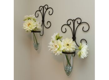 Metalwork And Glass Wall Sconce Vases W Faux Flowers - A Pair