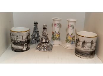 Aynsley English Fine Bone China Candlesticks, Eiffel Tower S&P Shakers And Mug