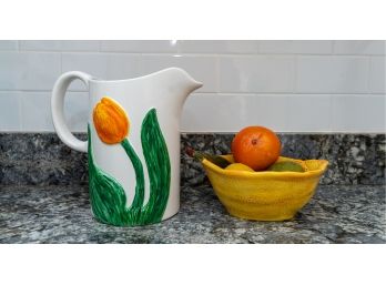 Colony Crafts La Tulipe Pitcher And Faux Fruit In Ceramic Lemon Bowl