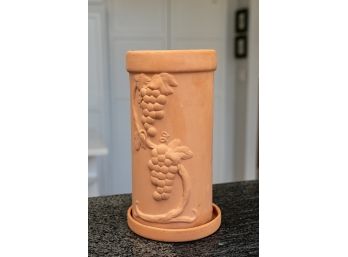 Terracotta Ceramic Vessel And Coaster With Grape Vine Motif