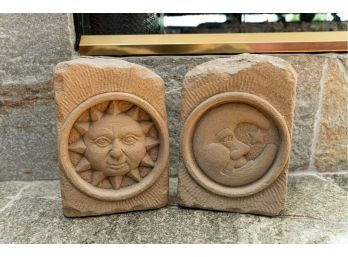 Carved Stone Sun & Moon Wall Mounted Sculptures - A Pair