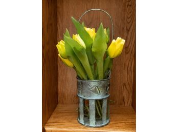 Yellow Silk Tulips In Decorative Metal Bucket