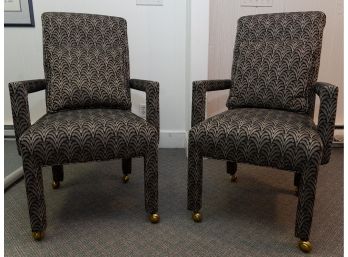 Vintage Upholstered Armchairs On Casters - A Pair