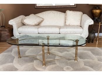 Oval Glass Topped Coffee Table W Brass Tone Metal Base