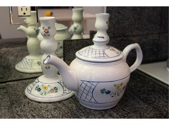 Herend Hungary Hand Painted Village Pottery Teapot And Pair Of Candlesticks