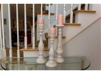 Distressed White Turned Wooden Candlesticks With Candles- Set Of 3