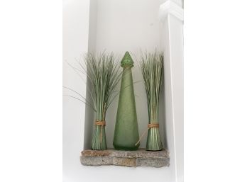 Green Art Glass Decanter With Bunched Grass Tabletop Decor