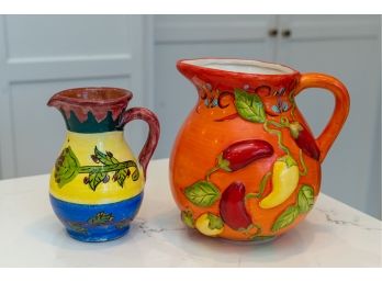 Pier 1 Imports Hand Painted Ceramic Pitcher And Smaller Ceramic Pitcher