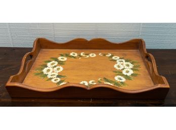 Vintage Serving Tray With Hand Painted Daisy Garland Motif, Signed Debbie Scott