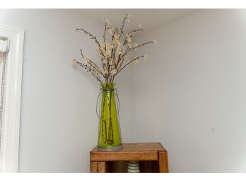 Green Glass And Metal Vase W Faux Flowers