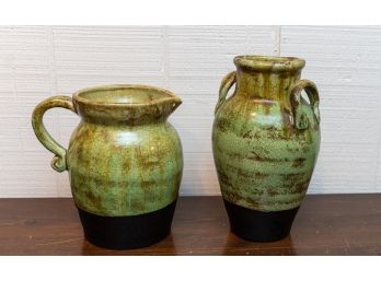 Glazed Two Tone Ceramic Pitcher And Urn With Decorative Crazing - Pair