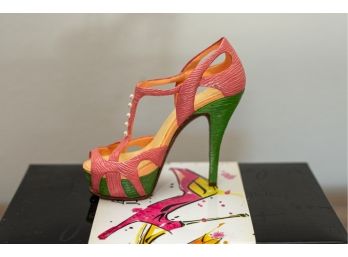 Open Toe Green And Pink Platform Heel - Miniature Shoe