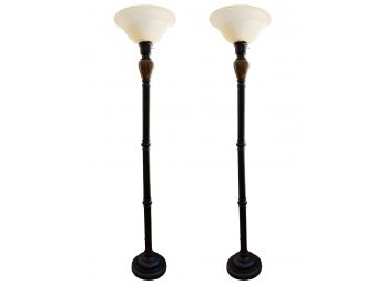 Pair Of Black Metal Torchiere Lamps W Frosted Shades