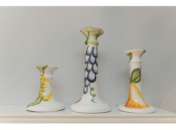 Hand Painted Ceramic Candlesticks - A Trio