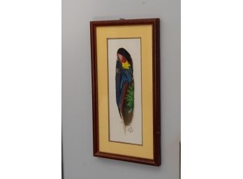 Framed And Signed Parrot Painting On A Feather From Costa Rica