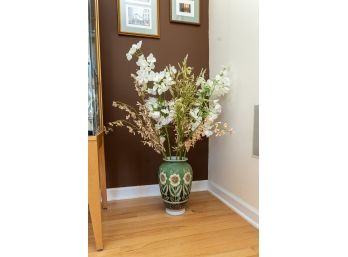 Large Painted Ceramic Vase W Sunflower Design And Silk Flowers