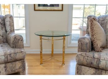 Circular Glass Topped Side / End Table W  Brass Tone Metal Base 1 Of 2