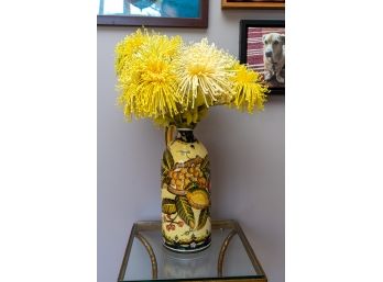 Hand Painted Ceramic Jug W Fruit Leaf Design And Yellow Faux Flowers