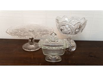 Vintage Brilliantly Cut Crystal Bowl On Pedestal Base W Glass Cake Stand And Lidded Serving Dish