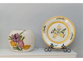 Hand Painted Ceramic Vase By M. McLaughlin And Decorative Hand Painted Plate W Floral Motif