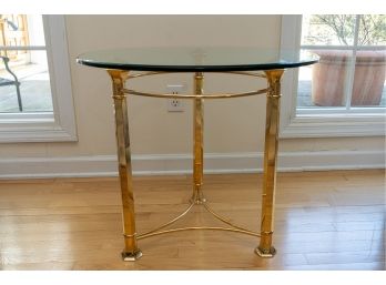 Circular Glass Topped Side / End Table W Brass Tone Metal Base 2 Of 2