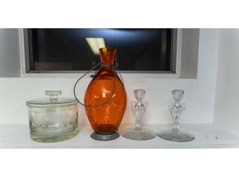 Swan Form Glass Candlesticks, Etched Lidded Glass Candy Dish And Umber Tone Glass Lantern