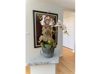 Large Faux Orchid In Grey Ceramic Planter Pot