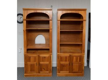 Pair Of Knotted Pine Bookshelves With Lower Storage Cabinets