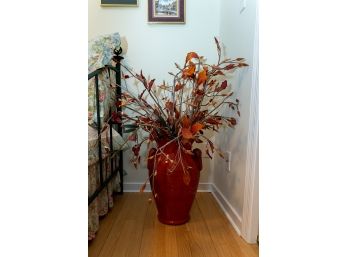 Glazed Red Ceramic Vase W Decorative Silk Leaves & Flowers