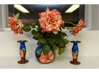 Hand Painted Ceramic Candlesticks And Vase Set By Dave Archer - Faux Flowers Included