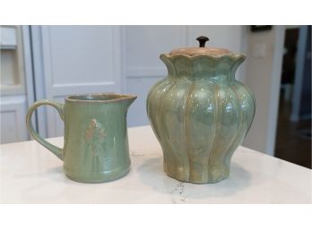 Green Glazed Foreside Pottery Pitcher And Lidded Ceramic Vessel