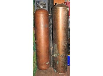 Unusual Huge Heavy 5 Ft Tall Old Copper And Brass Tank Lot Of Two