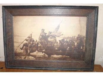 Large Antique Patriotic Sepia Print Washington On The Delaware In Frame