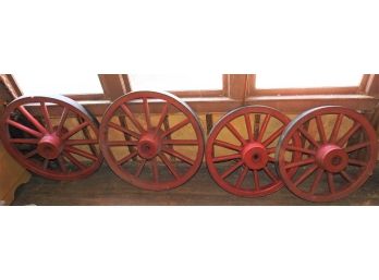 Set Of 4 Big And Heavy Antique Red Wooden And Cast Iron Wagon Wheel