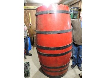 Old Massive Over 6ft Tall Wooden And Cast Iron Red Wine Barrel