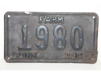 1943 Connecticut Farm License Plate With Interesting Number