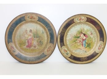 Antique Victorian Colorful Metal Vienna Art Plate Lot With Women