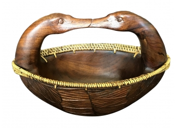 Folk Art, Hand Carved In Philippines, Wooden And Wicker Kissing Ducks Basket