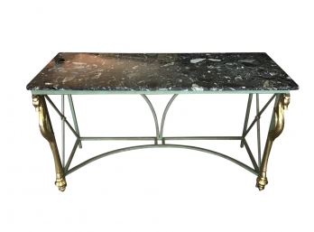 Glamorous Regency Moderne Style Granite Top Console With Green Iron Base, Brass Seahorses, Hoofed Feet