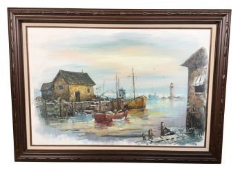 Fishing Boats Harbor, By A. Simpson, Mid-Century Painting On Canvas