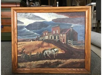 Unsigned Vintage Painting Of Horse Drawn Cart