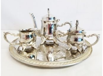 Luxurious Vintage Three Piece Footed Silverplate Tea Set With Tray